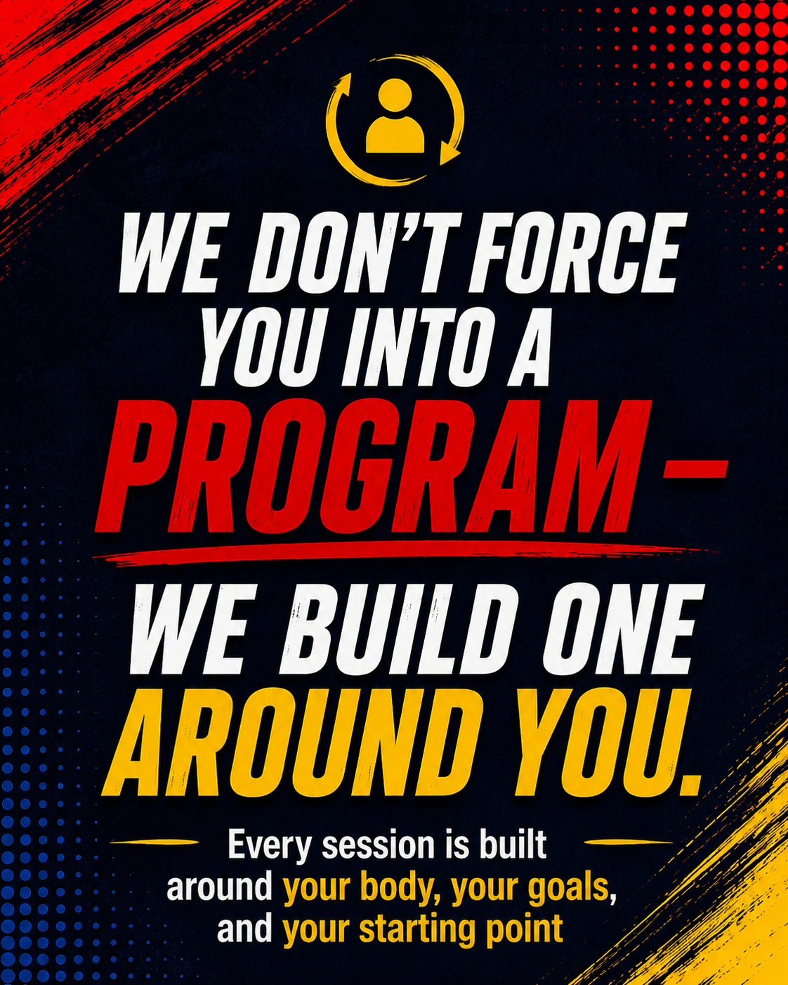We start with your spine, not a program. Every session built from your body up — not a template for everyone. 15+ years coaching, less pain.